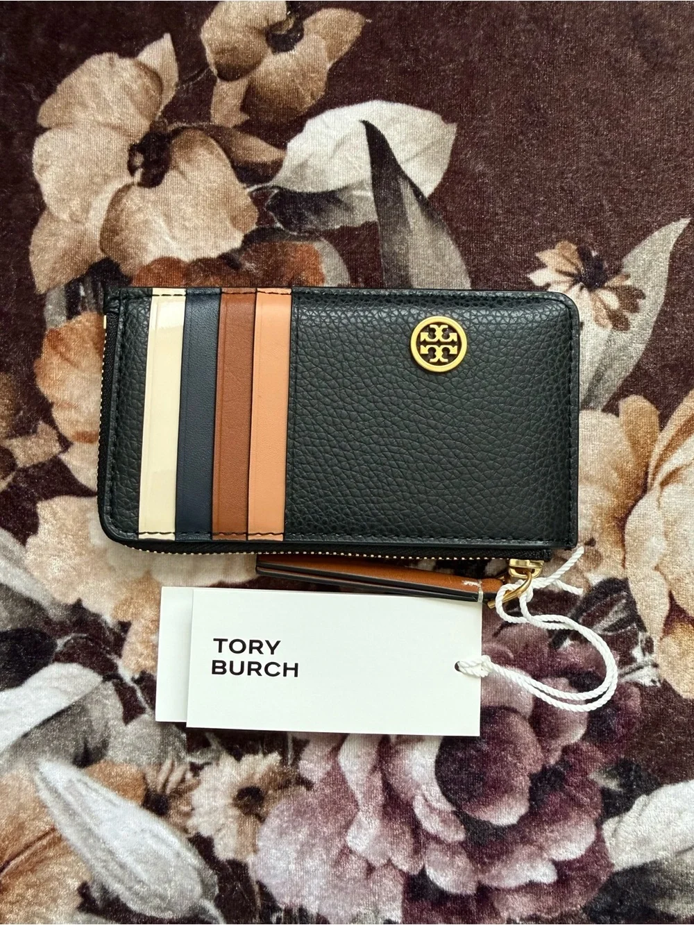 TORY BURCH Black Pebble Leather Robinson Gold-Tone Hardware Card Case NWT